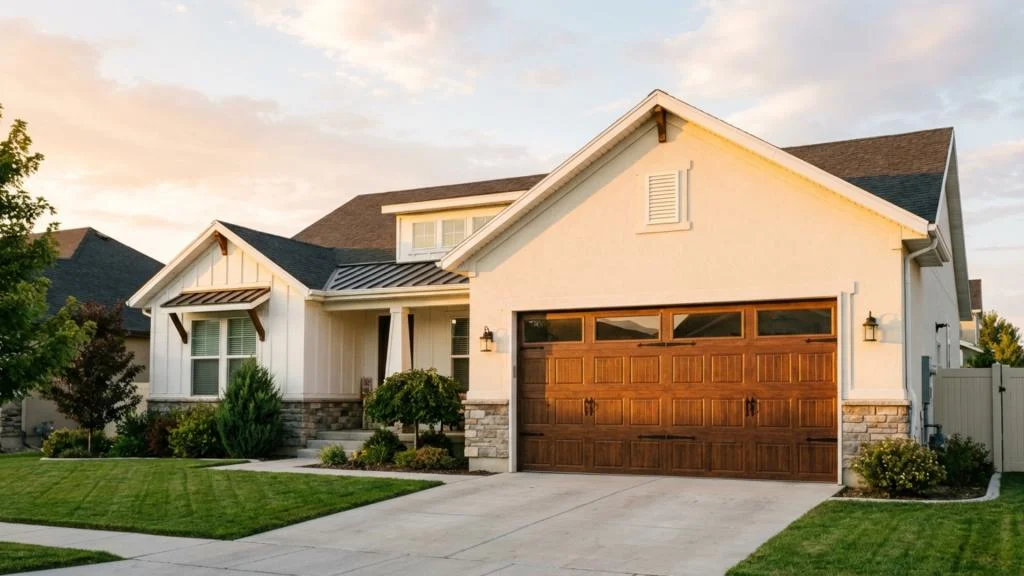 Modern home exterior featuring a stylish wooden garage door, landscaped front yard, and contemporary architectural design, illustrating options for garage door materials.