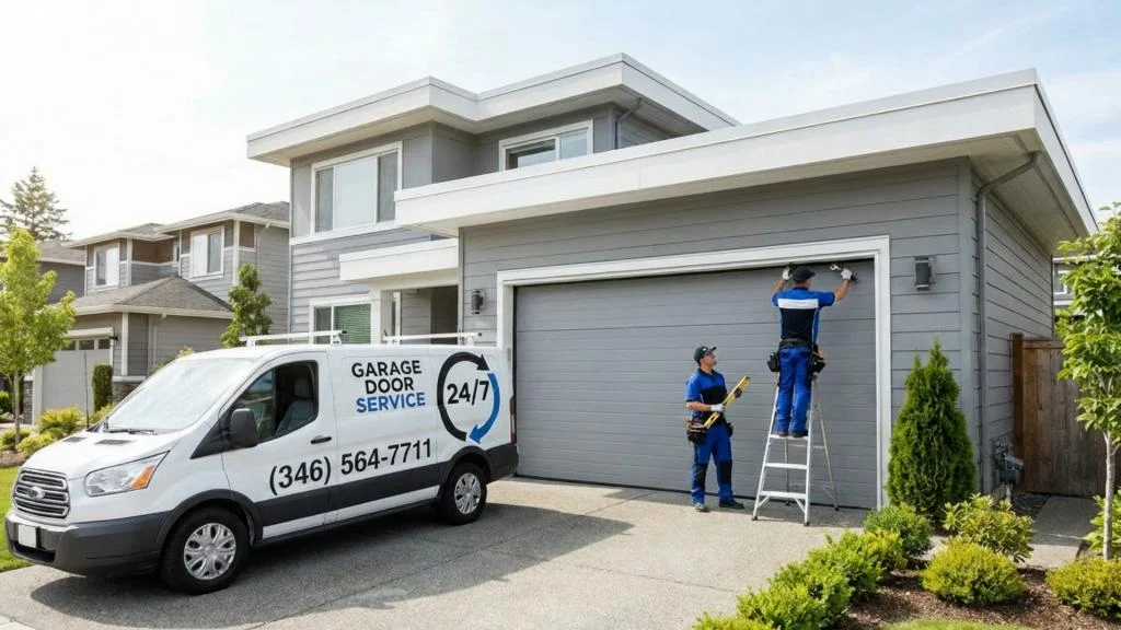Professional garage door installers working on a Houston home garage door next to a service van