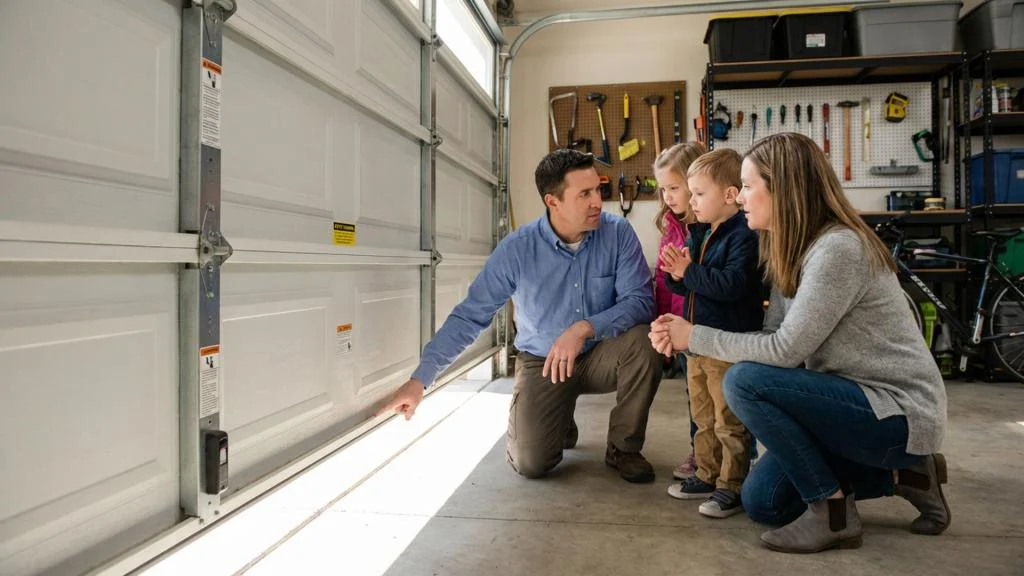 Family discussing garage door safety tips in a home garage, highlighting preventive measures for children's safety around garage doors.