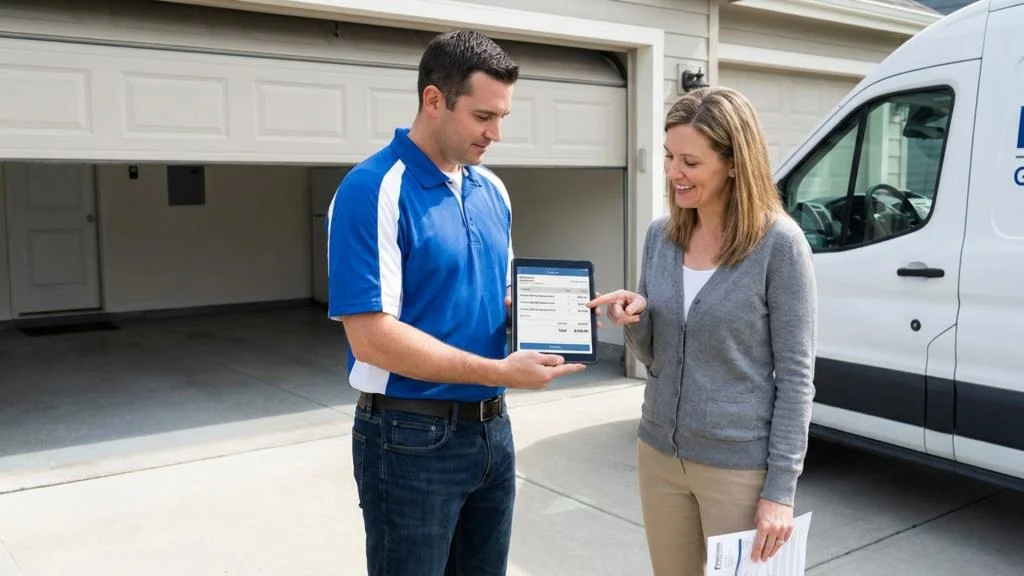 Garage door technician reviews a detailed estimate on tablet with homeowner