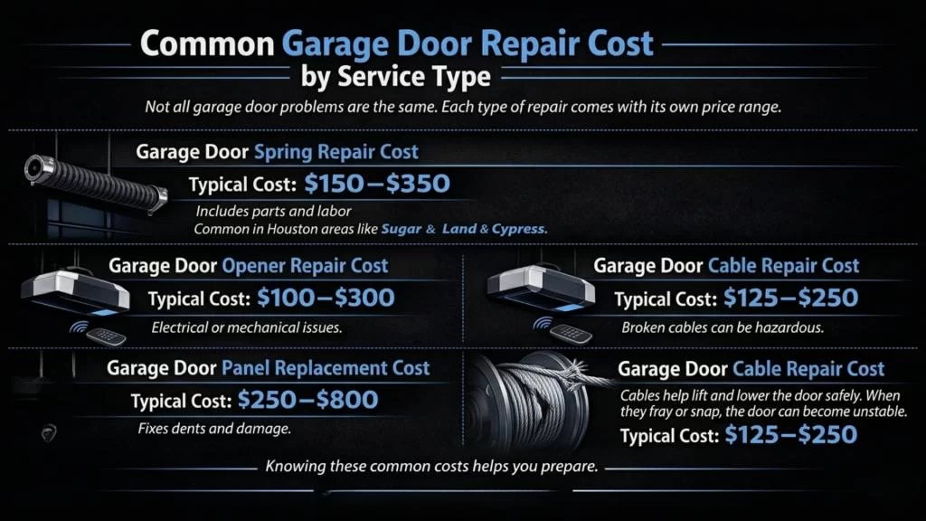 Common garage door repair costs by service type, including spring, opener, panel replacement, and cable repairs, with typical price ranges highlighted for homeowners in Houston, TX.
