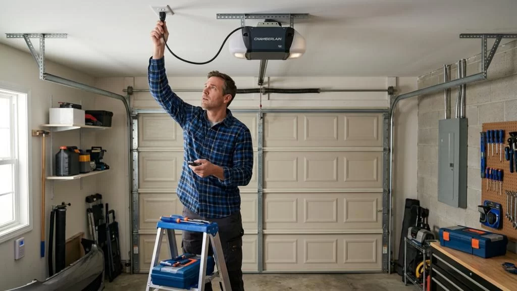 Man troubleshooting garage door opener on ladder, inspecting power supply in residential garage, tools and equipment visible in background, relevant to garage door repair and maintenance in Houston.