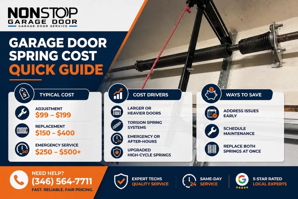 Garage door spring cost infographic in Houston showing adjustment, replacement, emergency pricing, cost factors, and ways homeowners can save