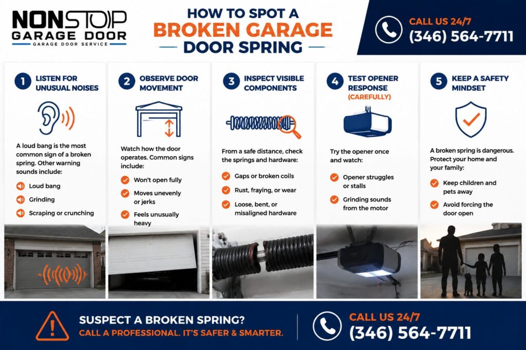 Broken garage door spring warning signs in Houston, showing 5 steps to detect issues: listen for unusual noises, observe door movement, inspect visible components, test opener response, and maintain a safety mindset