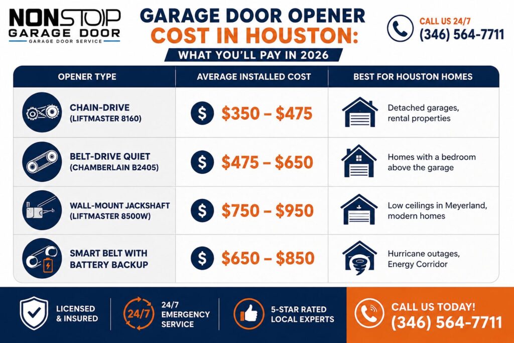 Non Stop Garage Door infographic showing 2026 garage door opener cost in Houston, with installed price ranges for chain-drive, belt-drive, wall-mount jackshaft, and smart battery backup models