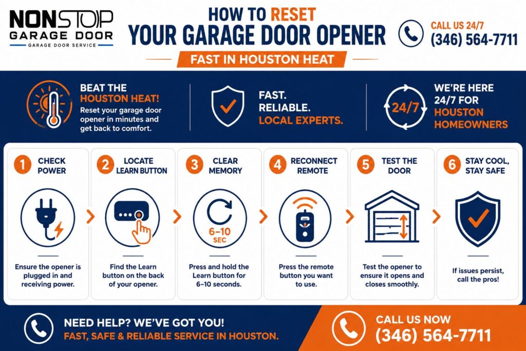 Infographic explaining how to garage door opener reset, including checking power, locating the learn button, clearing memory, reconnecting the remote, and testing the door