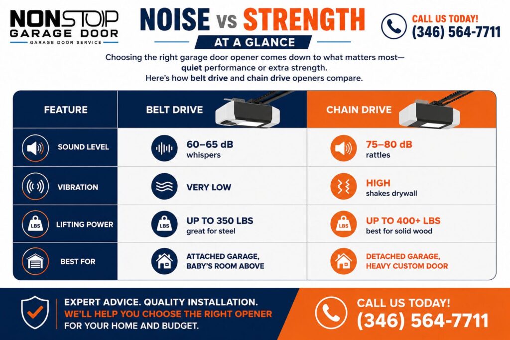Garage door belt or chain opener comparison showing noise, vibration, lifting power, and best uses for Houston homes