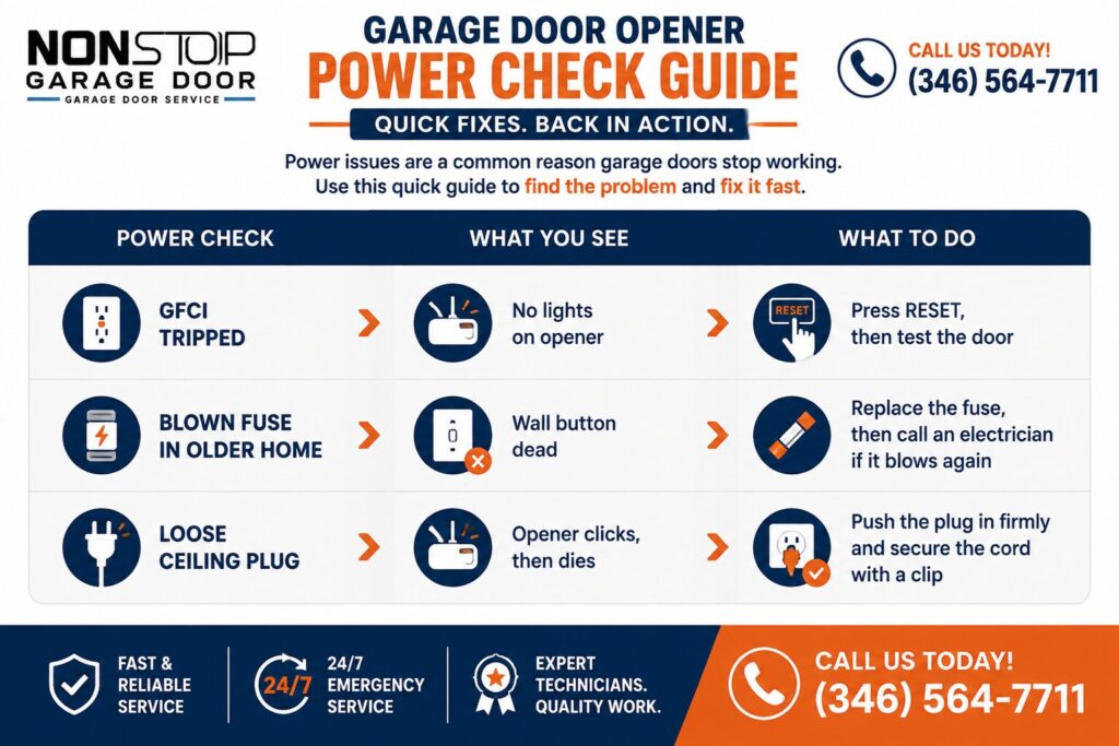 Non Stop Garage Door infographic showing a garage door opener power check guide for a garage opener not working with solutions for GFCI trips, blown fuses, loose plugs, and other opener electrical problems in Houston, Texas