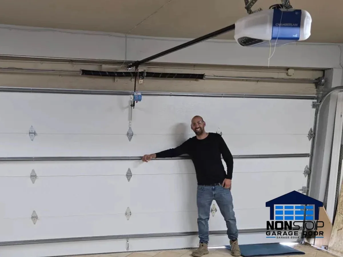 Completed steel-back garage door installation in Houston TX by Non Stop Garage Door